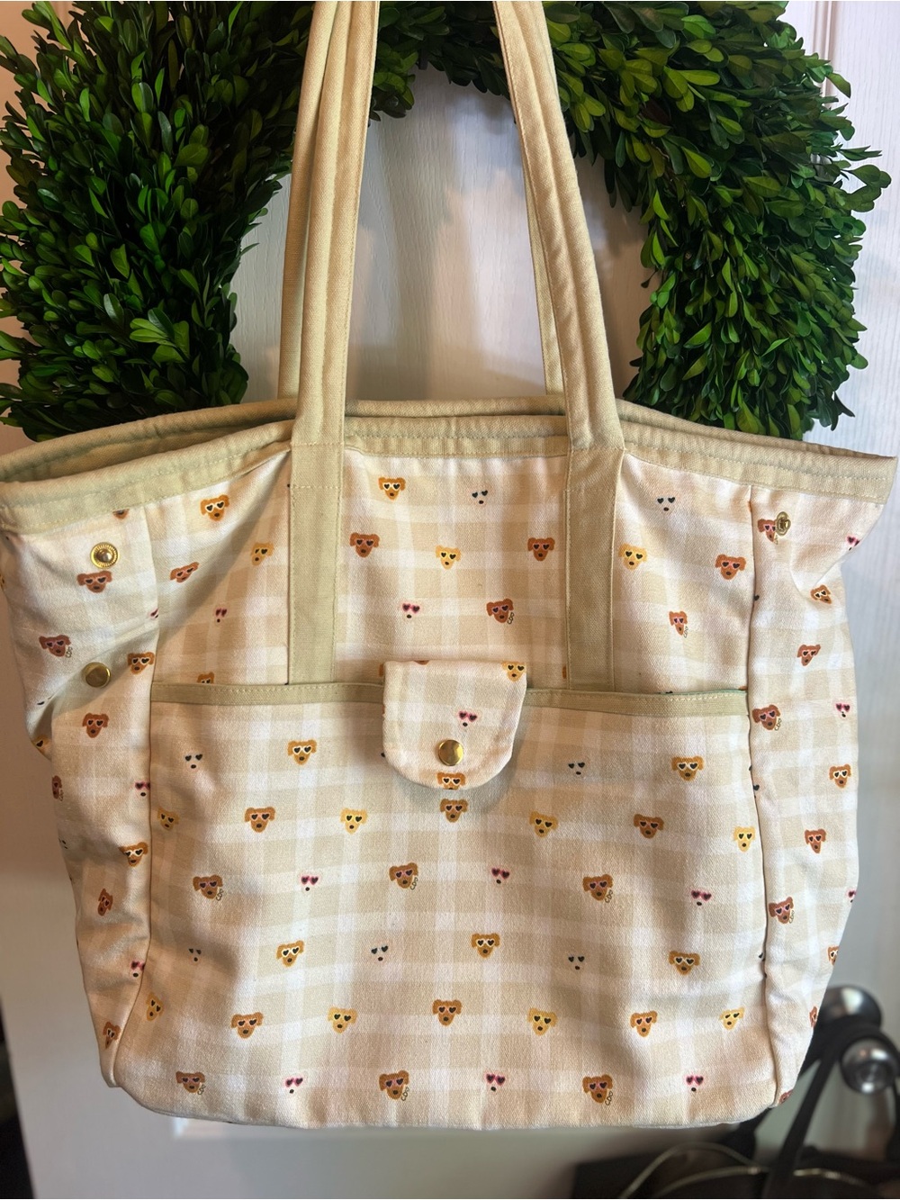 Canvas Tote Bag with Puppy Print - Cream